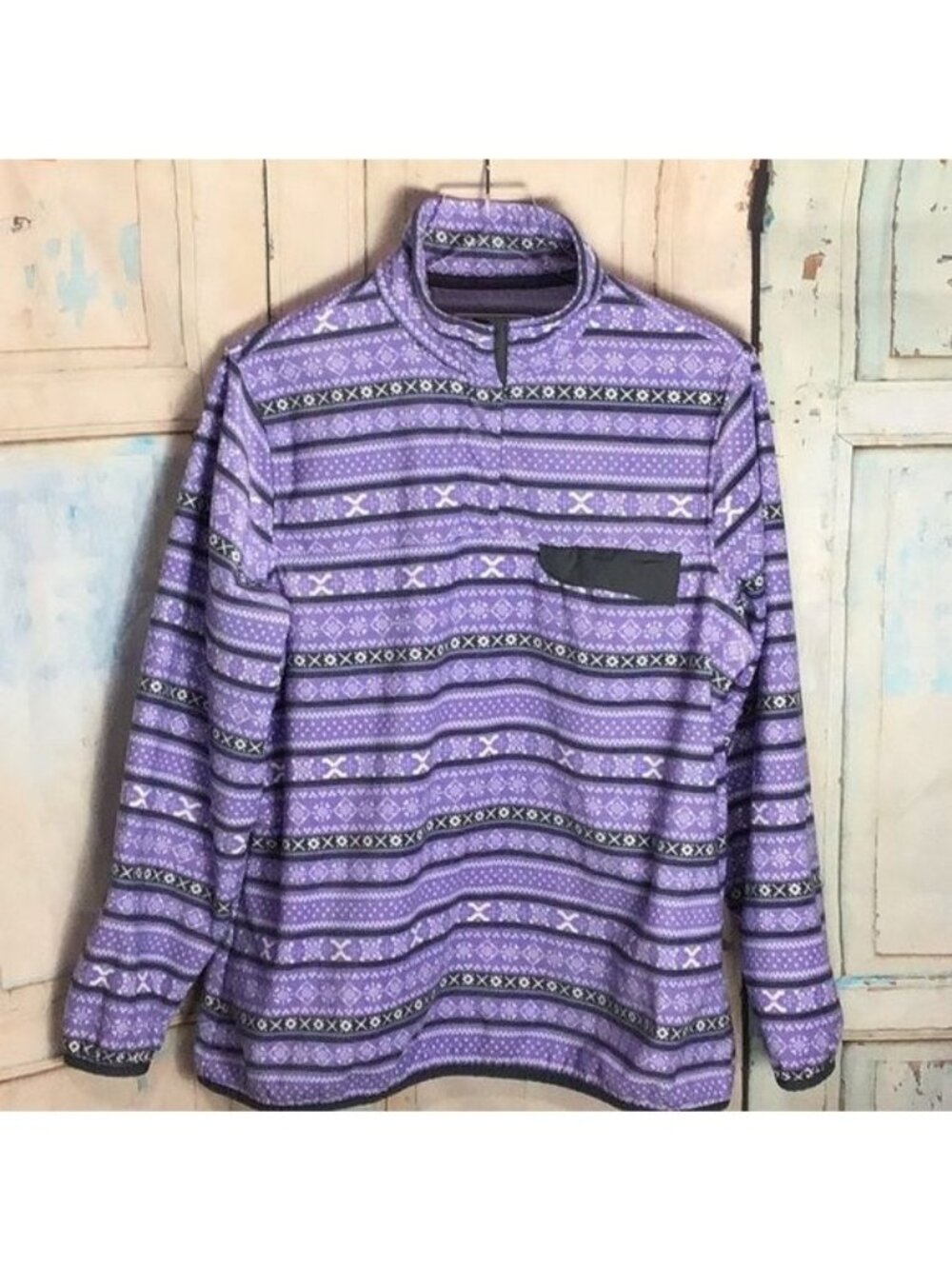Jachs Cabin Womans Large Purple Gray Fair Isle Polyester Snap Closure Fleece Pul